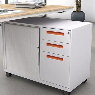 Armoire de rangement mobile multifonctionnelle en acier avec volet roulant, étagères réglables et porte verrouillable